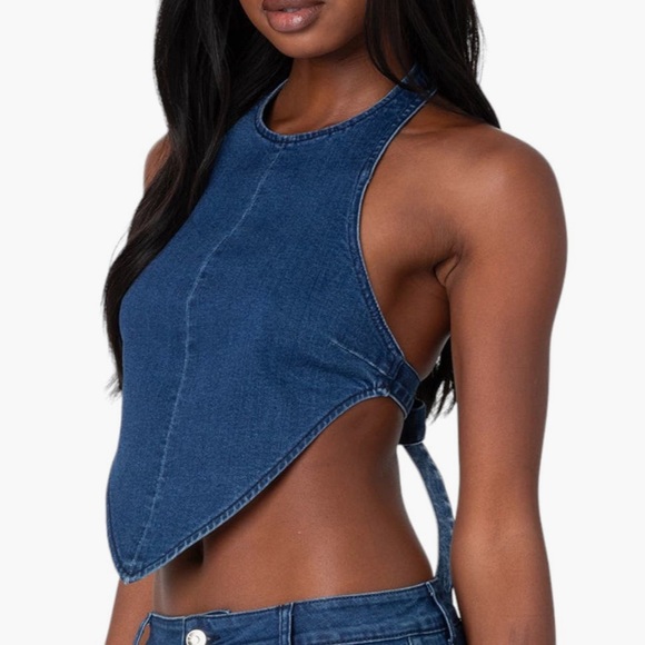 EDIKTED Sydnie Open Back Denim Halter Top | Color: Dark-Blue - Picture 5 of 8